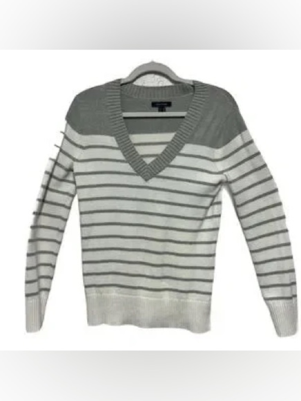 Nautica Women's V-Neck Sweater in Gray and White Stripes